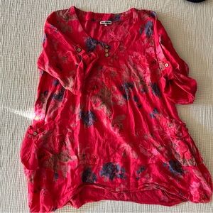 Lin Blanc Hot Pink Floral 100% Linen Tunic Shirt